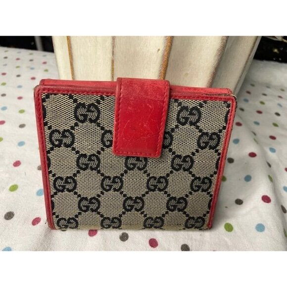 Gucci Vintage Red Leather & GG Monogram Canvas Bifold Wallet with Coin Pocket - Picture 2 of 8
